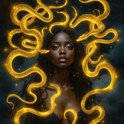 The primary subject of the image is a woman with a snake-like appearance. She is wearing a black dress and has a snake's head on her head. The setting is a dark background, and the visual style is a digital art or illustration. The colors and mood of the image are dark and mysterious, with the snake's head and the woman's outfit contributing to the overall atmosphere.
